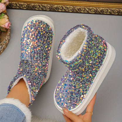 Women'S Sparkling Sequin Snow Boots - Cozy Fleece-Lined Slip-On Ankle Boots with Thick Rubber Sole, Lightweight & Warm for Winter, Blue & White Glittery Design, Perfect for Casual or Festive Outfits, Winter Boots