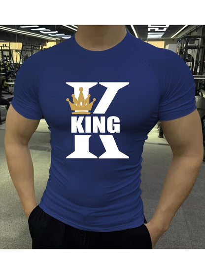 Men'S High-Elastic Breathable Short Sleeve Athletic Shirt - Summer Running  Training Top with "KING" Crown Print, High Stretch Microfiber, White, Gym Wear   Bold Design   Subtle Sheen Finish, Gym Wear Shirts