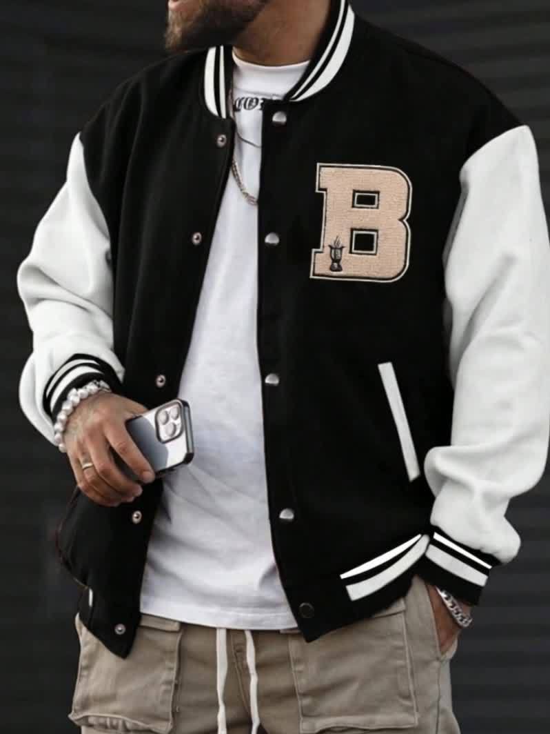 Men'S Baseball Jacket with Letter B Lettering - Navy & Golden Accent Casual Streetwear, Button-Front Closure, Regular Fit Fall/Winter Outerwear, Baseball Jacket