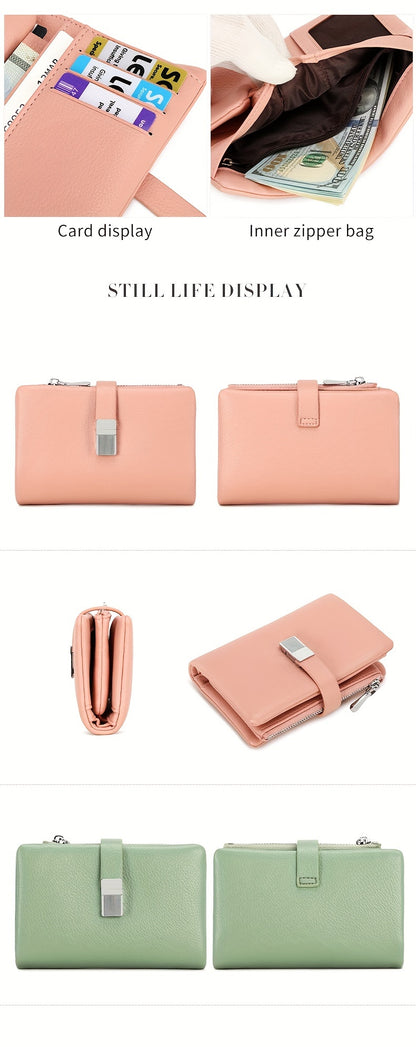 A Compact Trifold Wallet Made of Soft PU in a Solid Color, Featuring Metal Accents. It Includes a Zippered Coin Pocket, Card Slots, And an ID Window, Suitable for Credit Cards, ID Cards, Cash, And Coins. This Modern, Lightwei