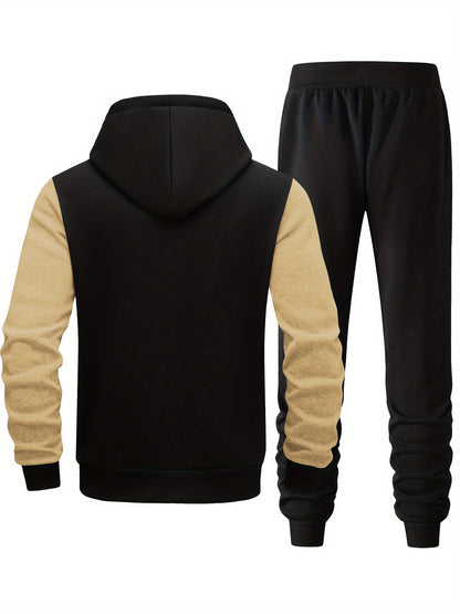 Men's Hooded Letter Print Tracksuit, 2pcs Casual Sports Set, Fashion Hoodie With Full-zip And Elastic-waist Pants, Regular Fit, Outdoor Cloth