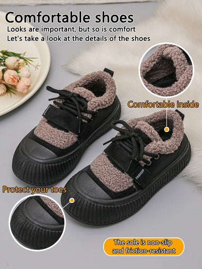 Women's Winter Plush Fleece-Lined Thermal Shoes - Upper & Rubber Sole Low-Top Ankle Boots with Faux Fur Collar, Brown/Beige/ Traction Tread for Cold Weather, Casual & Semi-Formal Outfits - Cozy Warm Winter Boots with Fleece L