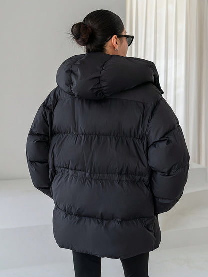 Women's Elegant Winter Jacket with Hood - Full-Zip Front Closure, Loose-Fit Long Sleeve Coat, Black Outerwear for Cold Weather, Hand Washable & Structured Design (No Belt) - Casual to Professional Outer Layer