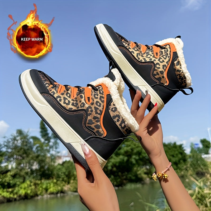 Women'S Stylish Leopard Print Winter Sneakers - Warm Fleece-Lined Casual Shoes with Thick Cushioned PVC Sole, Black & Orange Design, Perfect for Fall/Winter, Winter Sneakers | Leopard Print Shoes | Durable PVC Sole