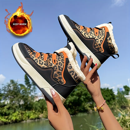Women'S Stylish Leopard Print Winter Sneakers - Warm Fleece-Lined Casual Shoes with Thick Cushioned PVC Sole, Black & Orange Design, Perfect for Fall/Winter, Winter Sneakers | Leopard Print Shoes | Durable PVC Sole