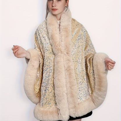 Plus Size, Women's Elegant Shawl Cloak Poncho - Luxury Brown Cape with Sparkling Glamour, Thick Winter Coat for Parties, Formal Events - Non-Stretch Fabric, Easy Care Elegant Wrap for Everyday Special Occasions, Party Wear, C