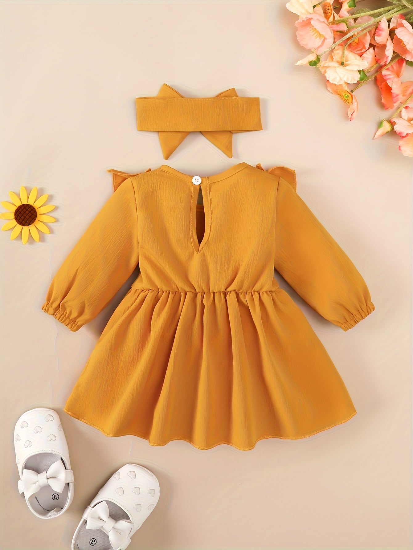 1-18 Months Girls' Red Dress | Christmas New Year Festival Party Wear with Headband, Princess Style, Autumn-Winter Collection, Crew Neck, Long Sleeve, Knee High, Flared Hem