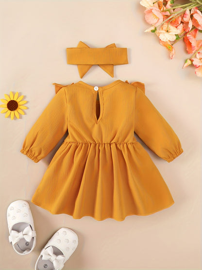 1-18 Months Girls' Red Dress | Christmas New Year Festival Party Wear with Headband, Princess Style, Autumn-Winter Collection, Crew Neck, Long Sleeve, Knee High, Flared Hem