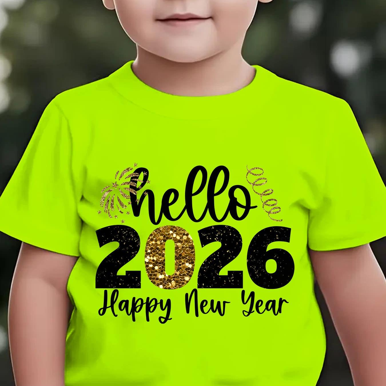 Boys' 2026 New Year'S Eve Party T-Shirt - Hello 2026 Happy New Year Fireworks Print with Golden & Lettering - Lightweight Summer Tee for Birthday Party Outfit, New Year'S Eve Celebration - Easy-care Kids Shirt, New Year T Shi
