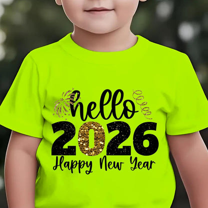 Boys' 2026 New Year'S Eve Party T-Shirt - Hello 2026 Happy New Year Fireworks Print with Golden & Lettering - Lightweight Summer Tee for Birthday Party Outfit, New Year'S Eve Celebration - Easy-care Kids Shirt, New Year T Shi