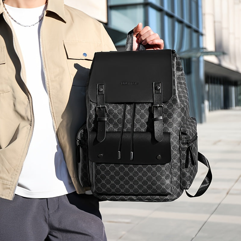 Men's Retro Geometric Print Drawstring Backpack - Casual British Style Durable Fabric with Multiple Compartments  Padded Straps for Daily Commute, Work, Travel, Backpack for Travel, Modern Logo Design, Highquality Straps, Ur