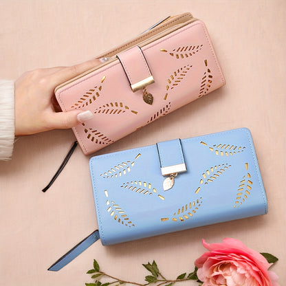 Perfect Christmas Gift for Her: Elegant Women's Long Wallet with Hollow Leaf Pattern & Gold Metal Pendant, Detachable ID Window, Zipper Coin Purse, Multiple Card Slots - Stylish PU  Clutch in Khaki, Blue, Black, Brown, Pink