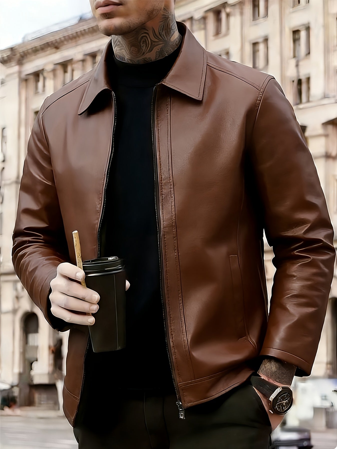 Men's PU Leather Bomber Jacket Casual Zip-Up Lightweight Coat