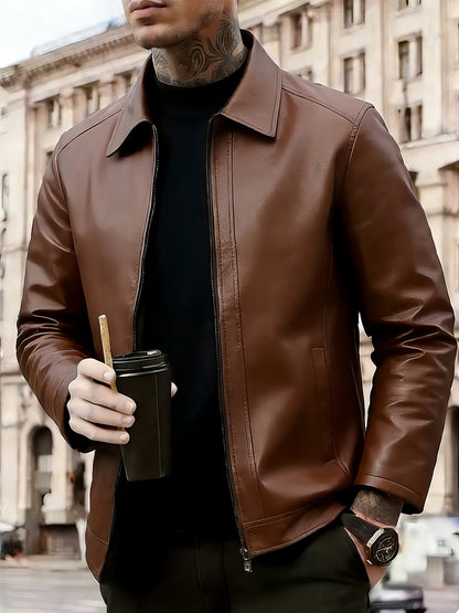 Men's PU Leather Bomber Jacket Casual Zip-Up Lightweight Coat