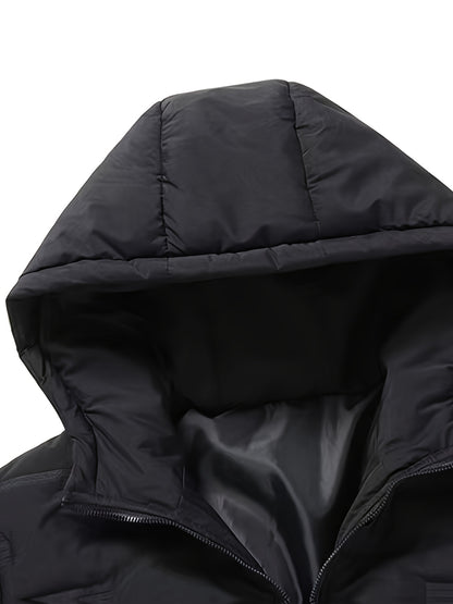 Men's Winter Windproof Thickened Warm College Style Zip-Up Hooded Jacket with Pockets, Casual and Sporty, Machine Washable - Solid Color Suitable for Hiking and Outdoor Activities