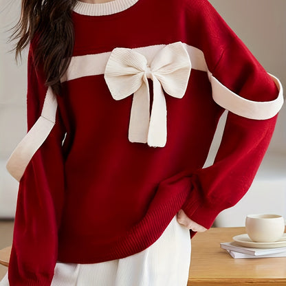 Women'S Elegant Red Sweater with Large Bow Detail - Cozy Crew Neck, Long Sleeve, Ribbed Texture, Perfect for Fall/Winter, Versatile Fashion Top, Winter Fashion Top|Elegant Knitwear|Ribbed Texture Sweater