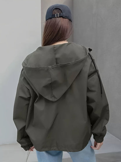 Women's Casual Hooded Jacket - Academic Style Double Pocket Zipper Front, Adjustable Drawstring Hood, Solid Color, Machine Washable Spring/Fall Outerwear for Everyday Comfort, Fall Clothing, Classic Design, Quality Stitching,