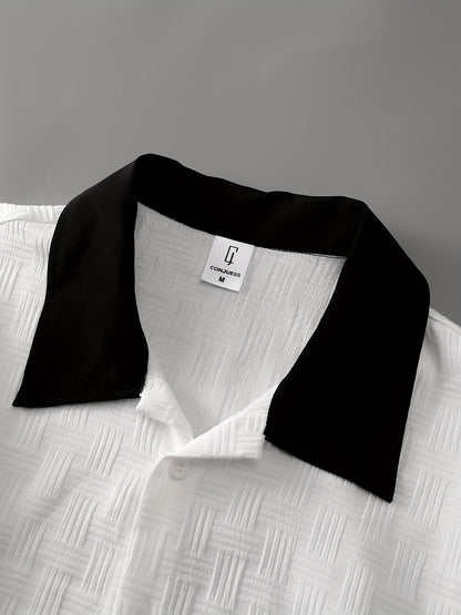 Men's Summer Casual Color-Blocked Button-Up Shirt & Shorts Set