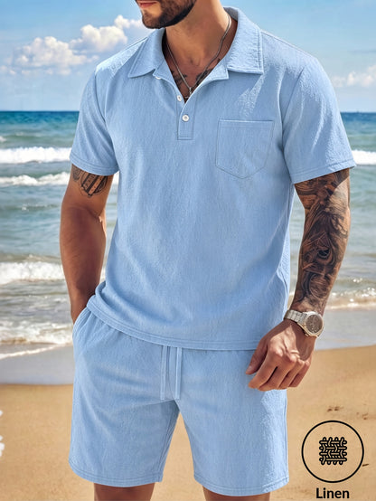 Men's Casual Linen Polo Shirt & Loose Shorts Set for Summer