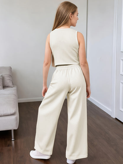 Girls' Summer Sleeveless Vest & Wide Leg Pants Set