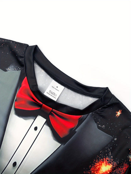 Men's Black & Golden Glittering Fireworks Print Tuxedo-like Party Shirt - 100% Polyester Knit, Slightly Stretchy Round Neck Short Sleeve, Plus Size Available - Machine Washable Holiday Party Outfit for New Year's Eve, Christm