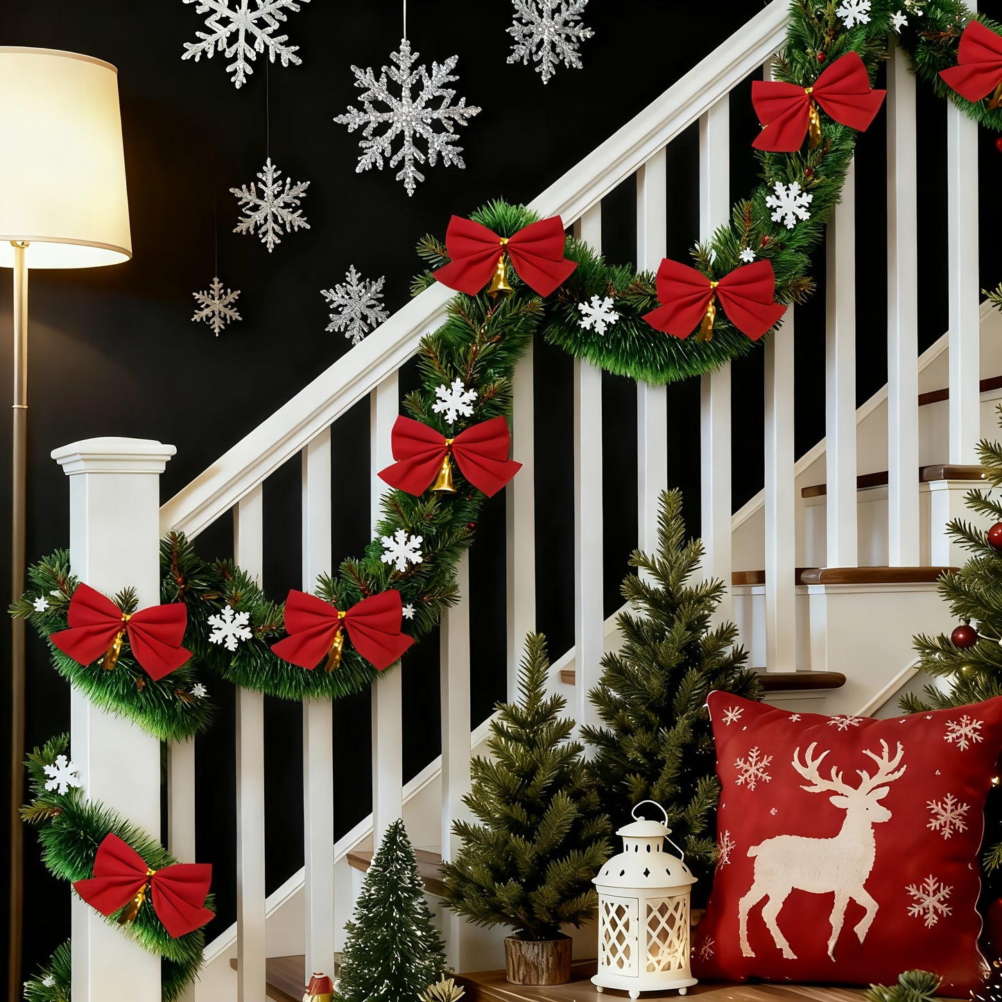 314.96-inch 40pcs Set with Red Bows - Premium Winter Dark Green Christmas Vine Spring Decoration | No Lights - Artificial Plastic Material Metallic Foil Faux Garland Plant | Suitable for Christmas, New Year, Thanksgiving Part