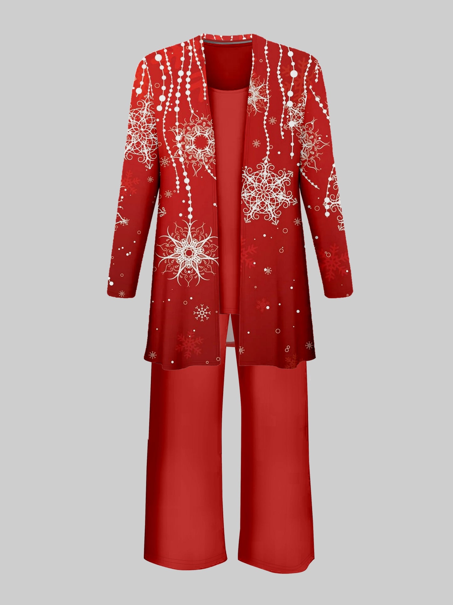 Red Base Pattern Print Top and Pants Three-Piece Set, Spring Summer Autumn Winter Versatile Fashion Full-Body Print Long Sleeve Jacket Solid Color Round Neck