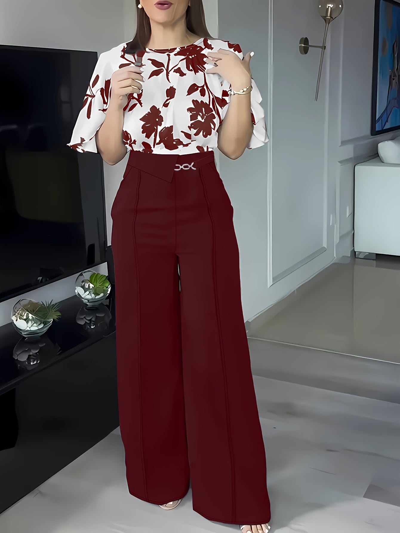 ZD0410952 Women's Printed Spring/Summer Elegant Commuter Casual Shirt 2pcs Set