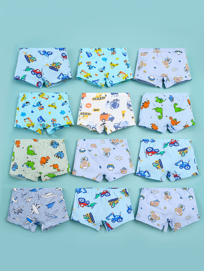 12-Pack Boys' Cotton Boxer Briefs Cartoon Design Comfort Fit