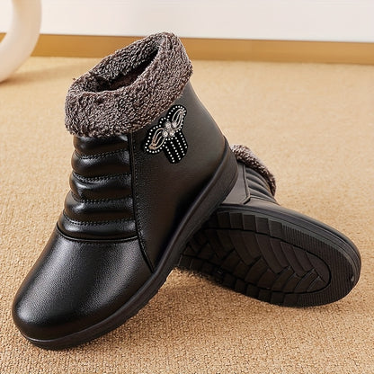 Women'S Comfortable And Warm Shoes for Autumn And Winter, Short Boots with Fleece Lining, Snow Boots, Leather Shoes, Glossy Black Platform Boot, Elegant Rain Boot For Woman, Warm And Comfortable Bootie For Working, Low Ankle