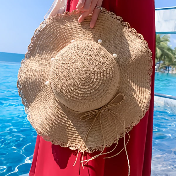 Women's Wide Brim Straw Sun Hat with Accents & Adjustable Ribbon - Protection Lace Trim Beach Wedding Casual Outdoor Hat for All Seasons