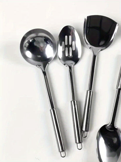 Stainless Steel Cookware Set - Kitchen Utensil Set, Durable Cooking Tools and Gadgets Set, with Spatula, Soup Ladle, Strainer Spoon, Turner, Rice Spoon, for Food Contact, No Electricity Required