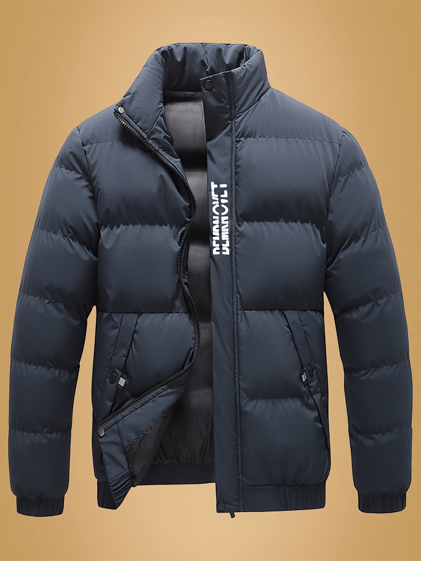 Men's Heavy-Duty Thermal Jacket - Winter Outerwear with Stand Collar & Full-Length Zipper Closure, Black/White Coat with Lettering - Machine Washable Cold Weather Jacket for Men (Casual & Formal) - Ideal for Skiing, Snowboard