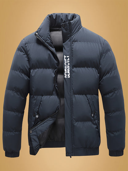 Men's Heavy-Duty Thermal Jacket - Winter Outerwear with Stand Collar & Full-Length Zipper Closure, Black/White Coat with Lettering - Machine Washable Cold Weather Jacket for Men (Casual & Formal) - Ideal for Skiing, Snowboard