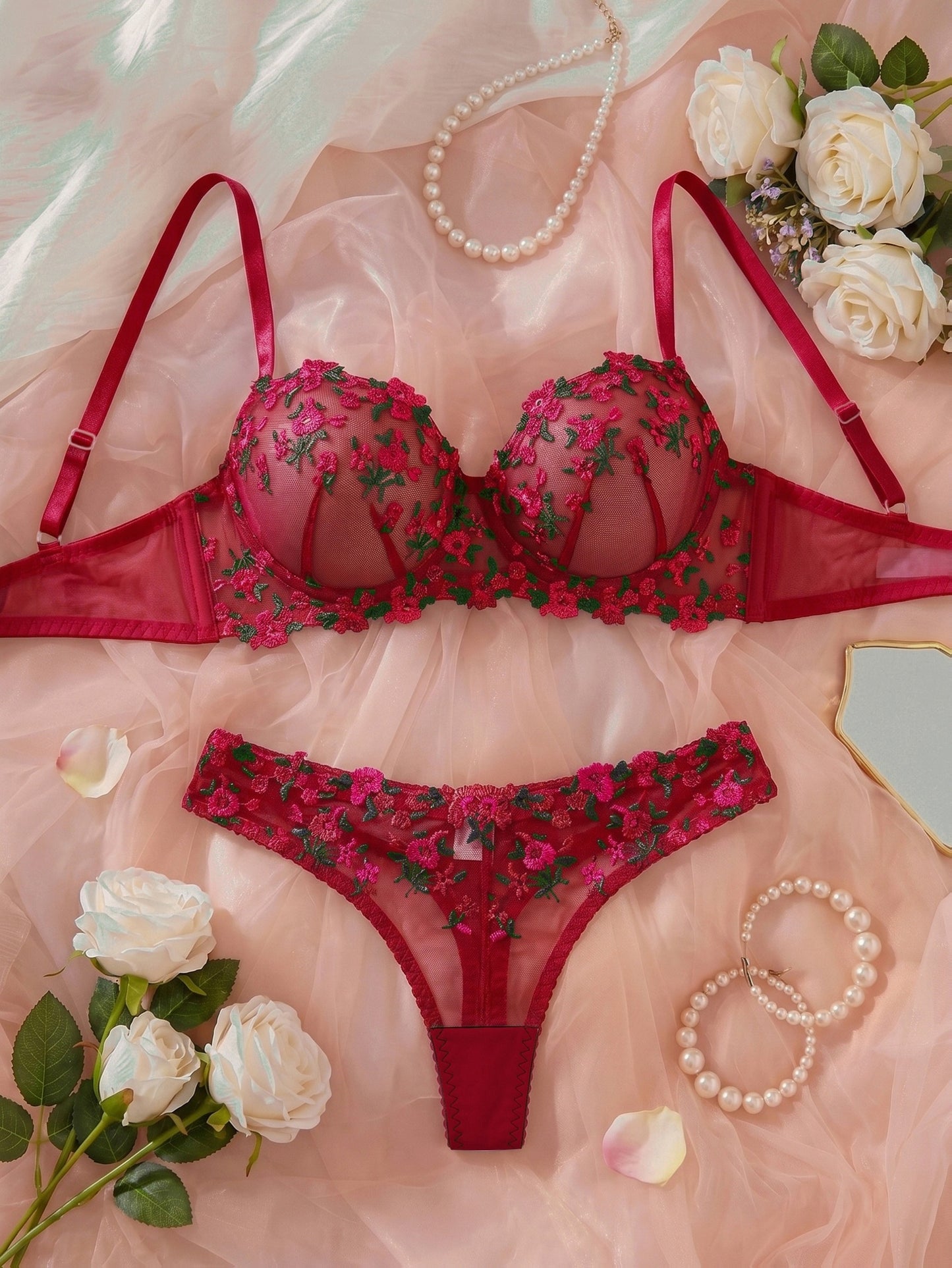 Women's Floral Embroidered Lingerie Set - Elegant Bra & Panties
