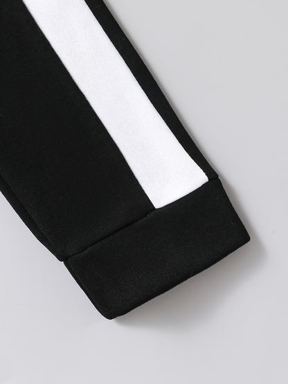 2pcs Boys' New Fashion Hooded Zip-Up Jacket and Pants Set, Black and White Striped Print Trendy Cool Style Outfit for Autumn/Winter, Thickened Sportswear with Pockets, Durable Polyester Fabric, Perfect Gift Choice for Kids, A