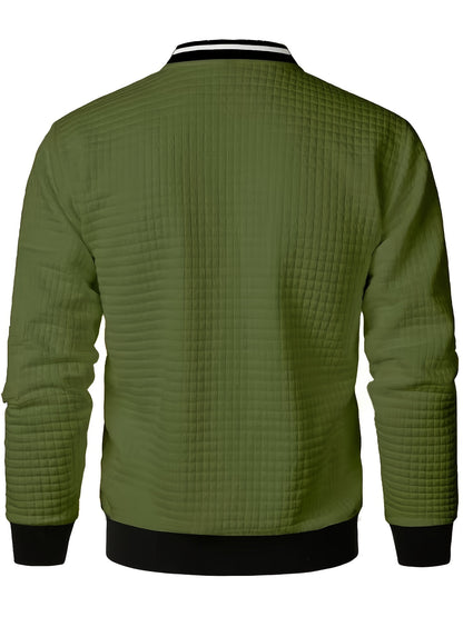 Men's Casual Bomber Jacket with Stand Collar - Polyester and Elastane Blend, Knit Fabric with Slight Stretch, Solid Color, Zipper Detail, Long Sleeve, Regular Fit