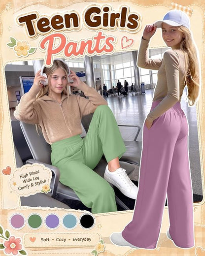 Girls' Wide Leg Pants 5-Pack Stretchy & Comfortable