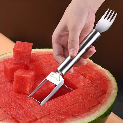 Stainless Steel Watermelon Slicer - 2-in-1 Cutter & Fork, Perfect for Dicing & Serving, Kitchen Essential