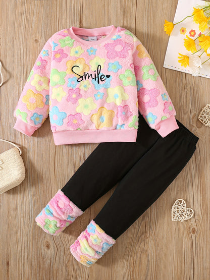 Girls' Autumn and Winter Fashion Warm Set with "Smile" Embroidery, Colorful Floral Appliqué Fleece Jacket and Flared Pants Outfit, Perfect for Outdoor