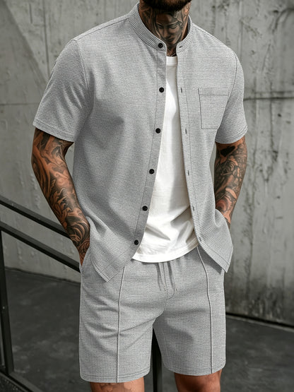 Men's Casual Mandarin Collar Short Sleeve Shirt and Drawstring Pants