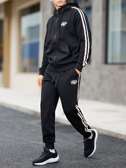 Men's Spring & Fall Jacquard Embroidered Striped Tracksuit Set - 2pcs Zip-Up Hoodie & Pants for Daily Wear, Sports & Outdoor Trips