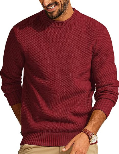 Men's Waffle Knit Crewneck Sweater Textured Pullover