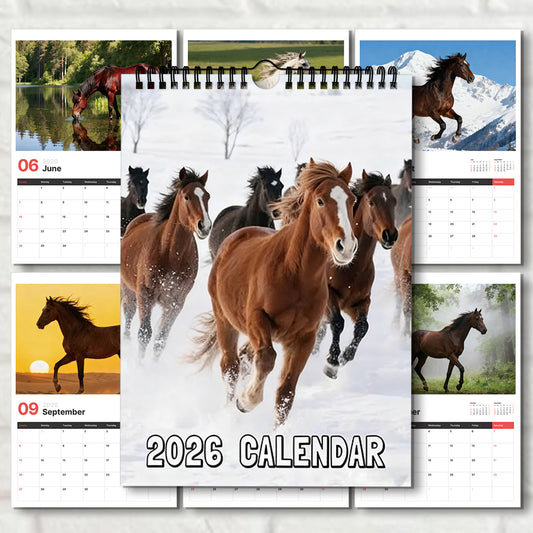 1pc 2026 Horse-Themed Wall Calendar with Hooks - Thick Paper Monthly Planner, Vibrant Horse & Landscape Art, Includes Holiday Notes, Ideal for Home & Office Decor, Perfect Gift for Horse Lovers, Office Decoration | Horse Them