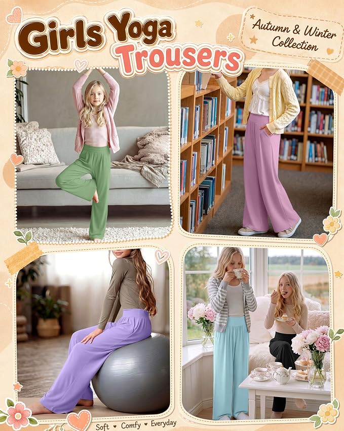 Girls' Wide Leg Pants 5-Pack Stretchy & Comfortable
