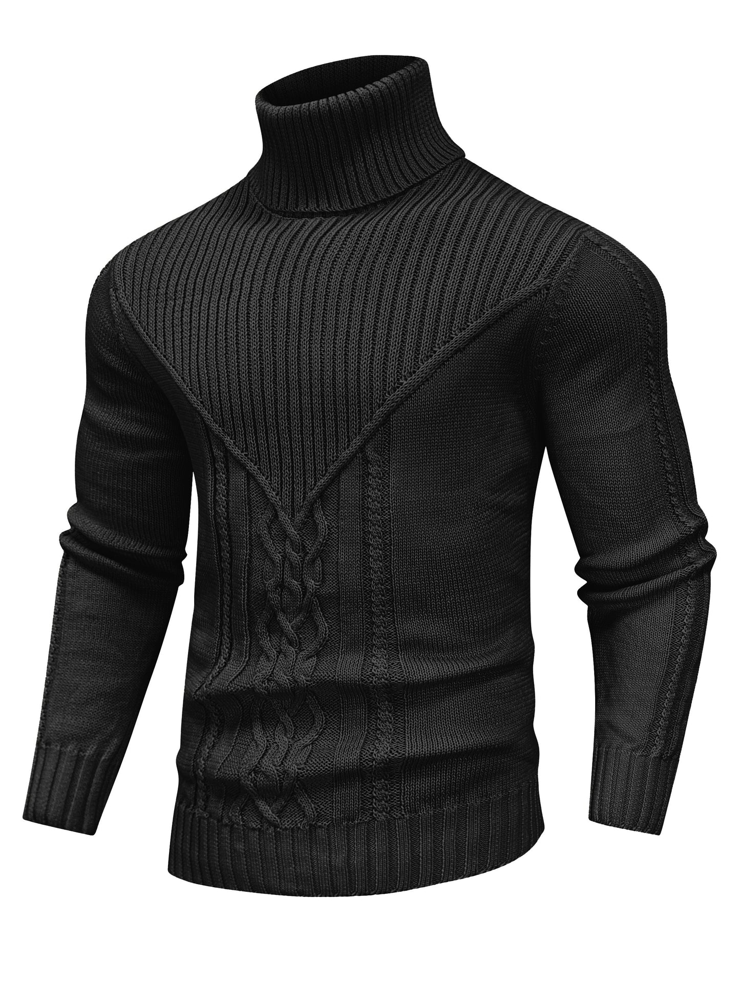 Men'S Casual Winter High Neck Turtleneck Sweater | Black Solid Color, Medium Stretch Fabric, Regular Fit, Hand Wash Only, Sleek Knitwear, Long Sleeve, Rib-Knit Detail