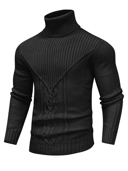 Men'S Casual Winter High Neck Turtleneck Sweater | Black Solid Color, Medium Stretch Fabric, Regular Fit, Hand Wash Only, Sleek Knitwear, Long Sleeve, Rib-Knit Detail