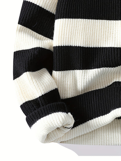 Men's 2025 Autumn/Winter Striped Sweater for Youth with Color Block Round Neck Casual Warm Knitwear
