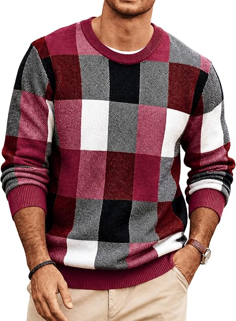 Men's Plaid Crew Neck Knit Sweater Long Sleeve Pullover