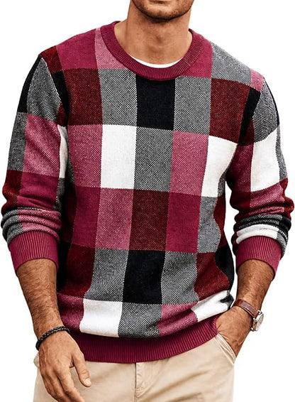 Men's Plaid Crew Neck Knit Sweater Long Sleeve Pullover